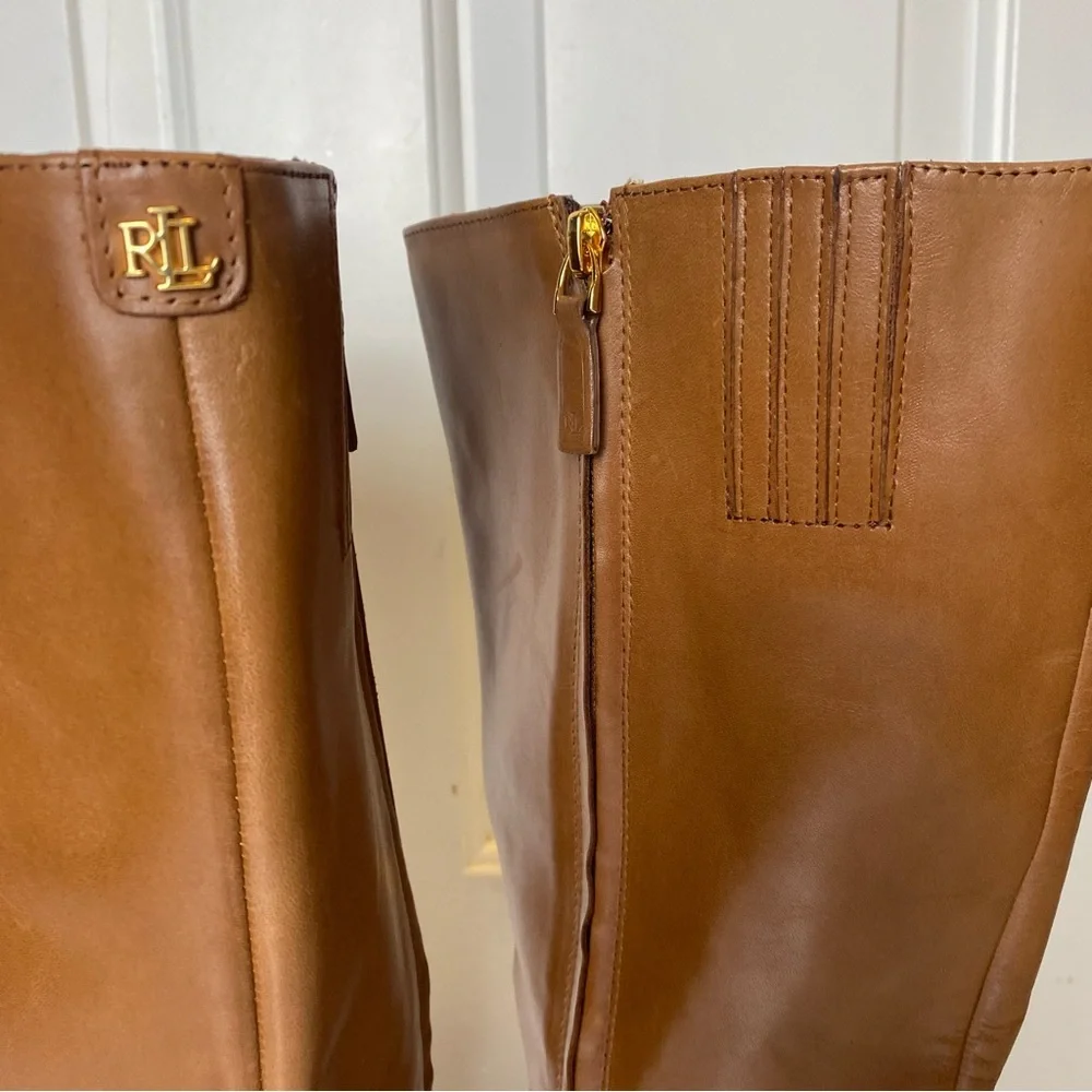 Ralph Lauren caelynn tall knee high caramel leather boots short heel 9.5 NEW - Picture 7 of 13